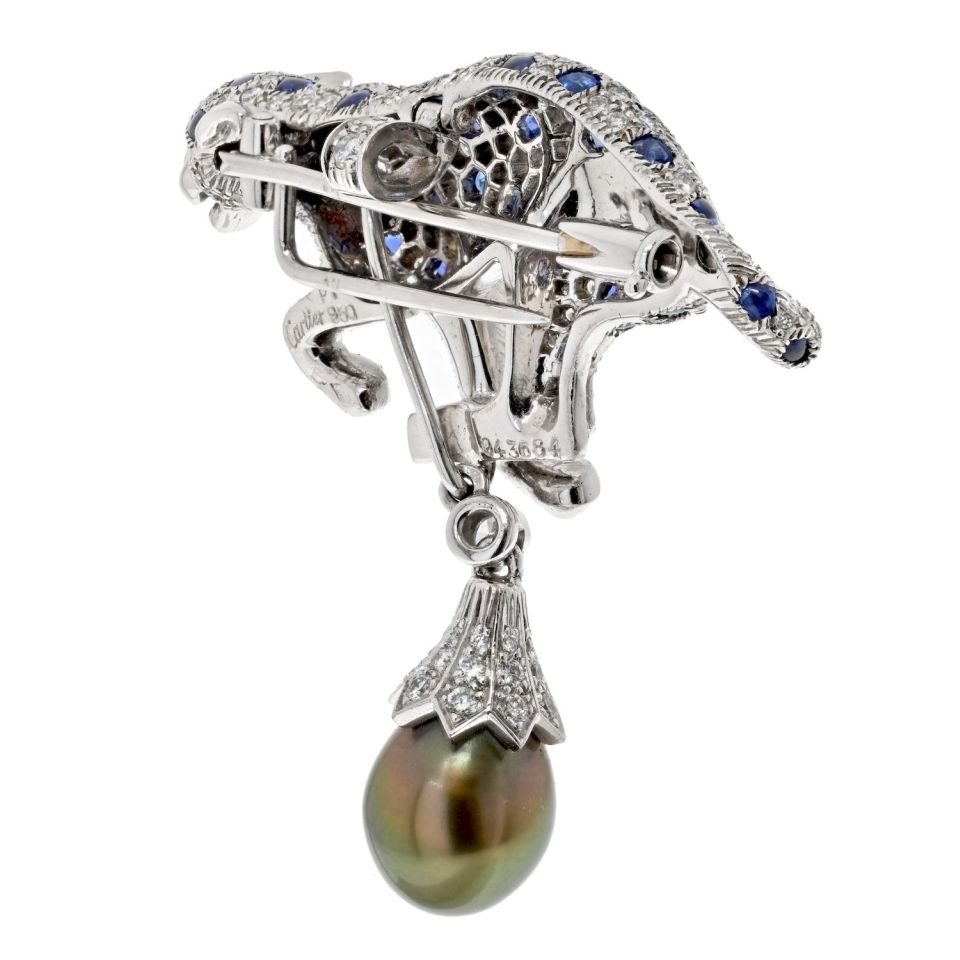 Cartier Platinum Tahitian Pearl, Sapphire And Diamond Pendantclip Brooch