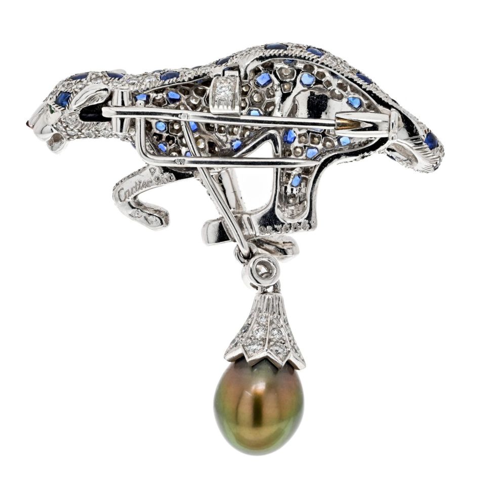 Cartier Platinum Tahitian Pearl, Sapphire And Diamond Pendantclip Brooch