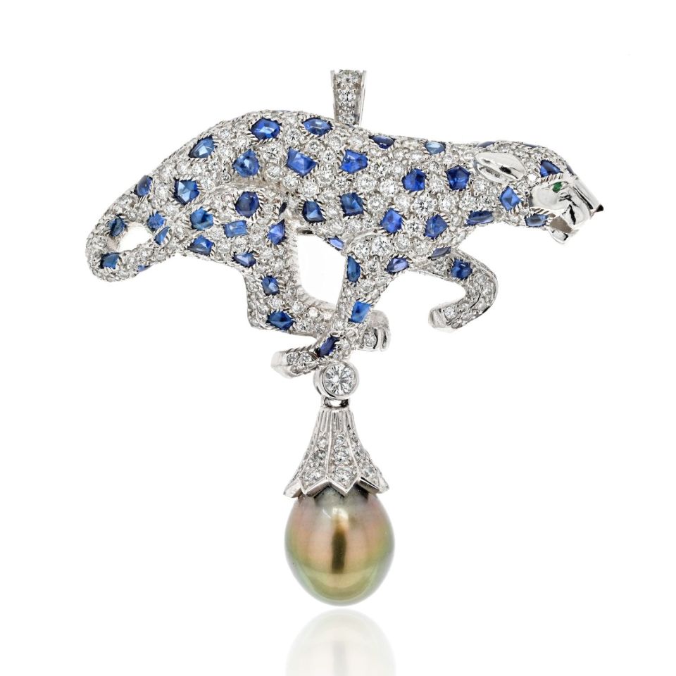Cartier Platinum Tahitian Pearl, Sapphire And Diamond Pendantclip Brooch