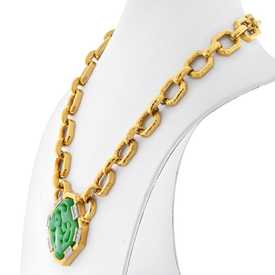 David Webb Jade 18K Yellow Gold Carved Jade Link Chain Necklace — view 2 — Laura Milman New York