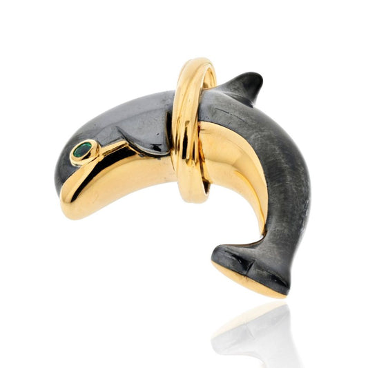 Cartier 18K Yellow Gold Hematite Dolphin Pendant with Emerald Eye, 46mm