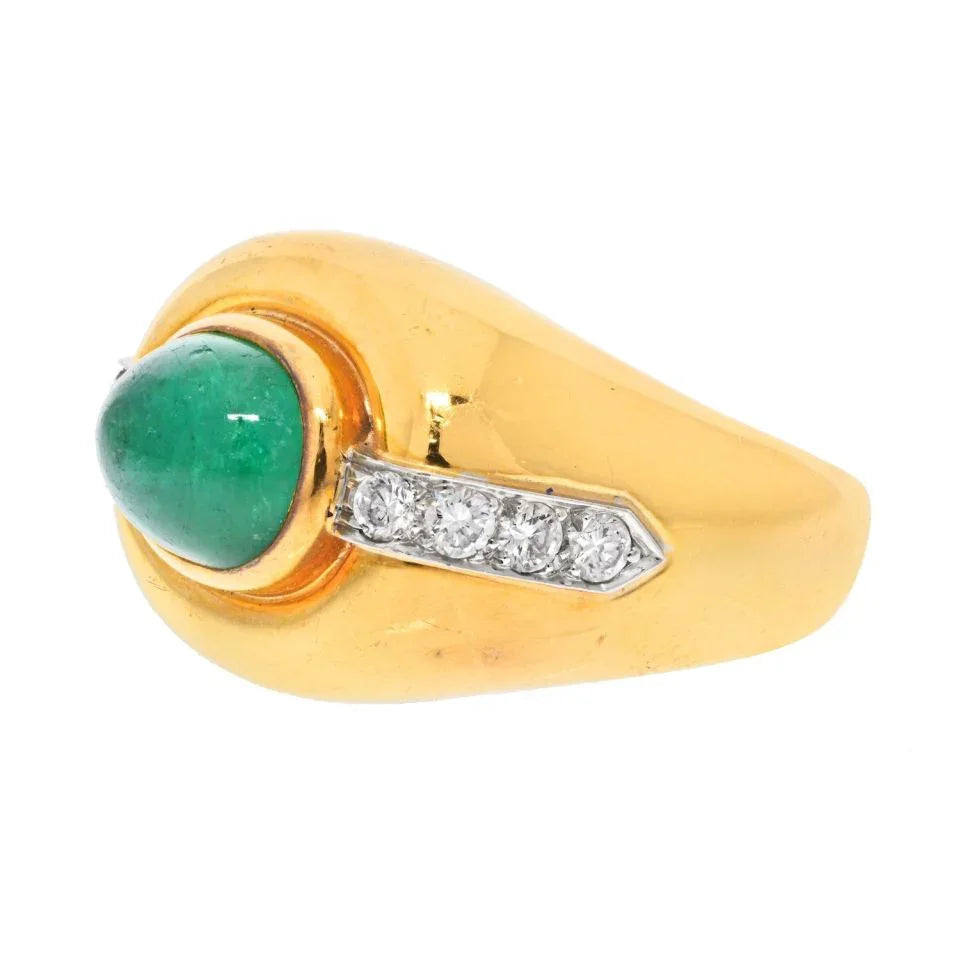 David Webb 18K Yellow Gold Cabochon Emerald Diamond Ring — view 2 — Laura Milman New York