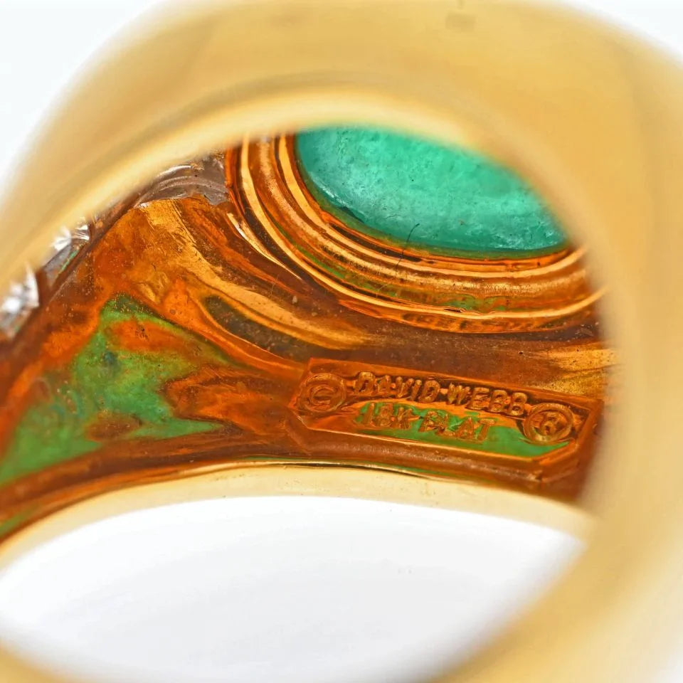David Webb 18K Yellow Gold Cabochon Emerald Diamond Ring — view 5 — Laura Milman New York