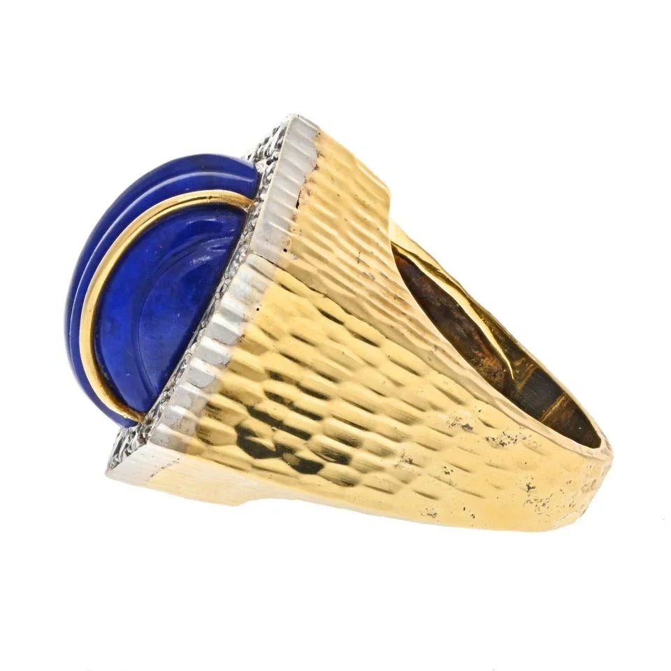 David Webb Platinum & 18K Yellow Gold Hammered Finish, Carved Lapis And Diamond Frame Ring — view 2 — Laura Milman New York
