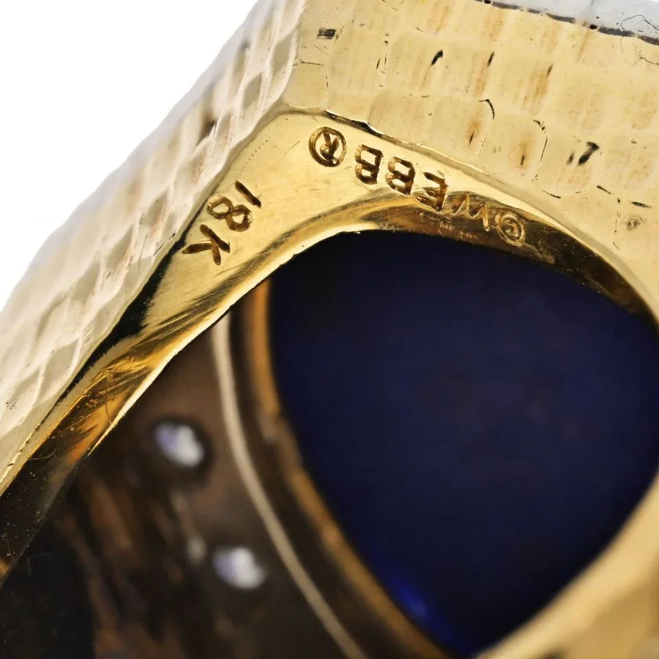 David Webb Platinum & 18K Yellow Gold Hammered Finish, Carved Lapis And Diamond Frame Ring — view 5 — Laura Milman New York
