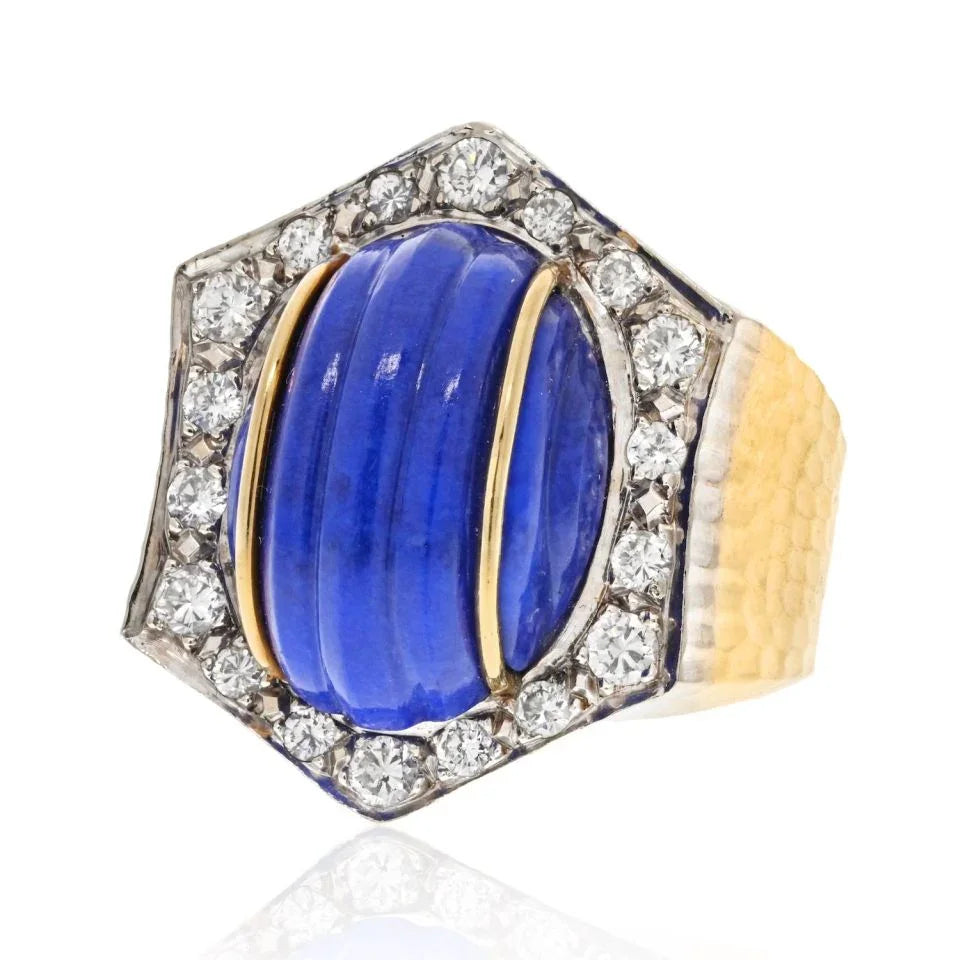 David Webb Platinum & 18K Yellow Gold Hammered Finish, Carved Lapis And Diamond Frame Ring — Laura Milman New York