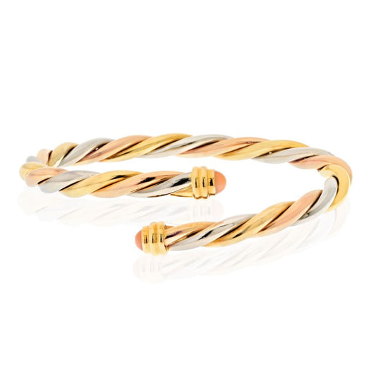Vintage Cartier Tri-Tone 18K Gold Bangle, Coral Ends, 6.5-Inch