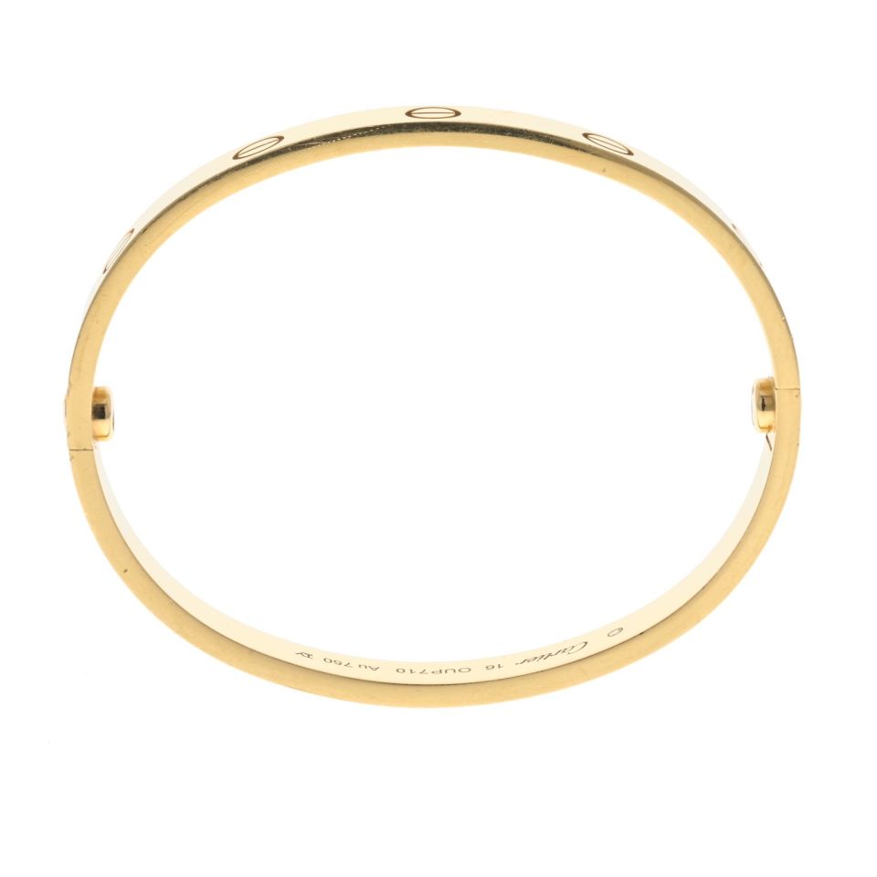 Pre-Owned Cartier Love 18K Yellow Gold Love Bangle Size 16 Bracelet view 4 - Cartier — Laura Milman New York