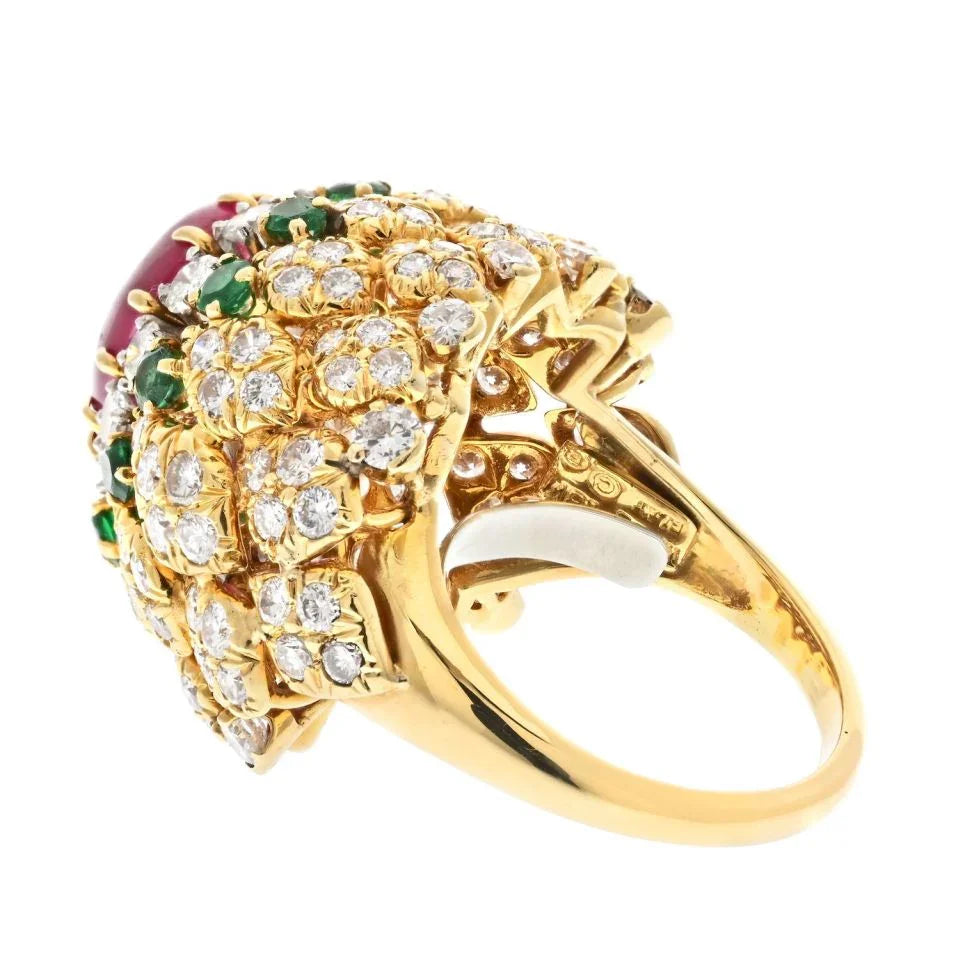 David Webb 18K Yellow Gold 1970's Ruby, Diamond And Emerald Cocktail Ring — view 3 — Laura Milman New York