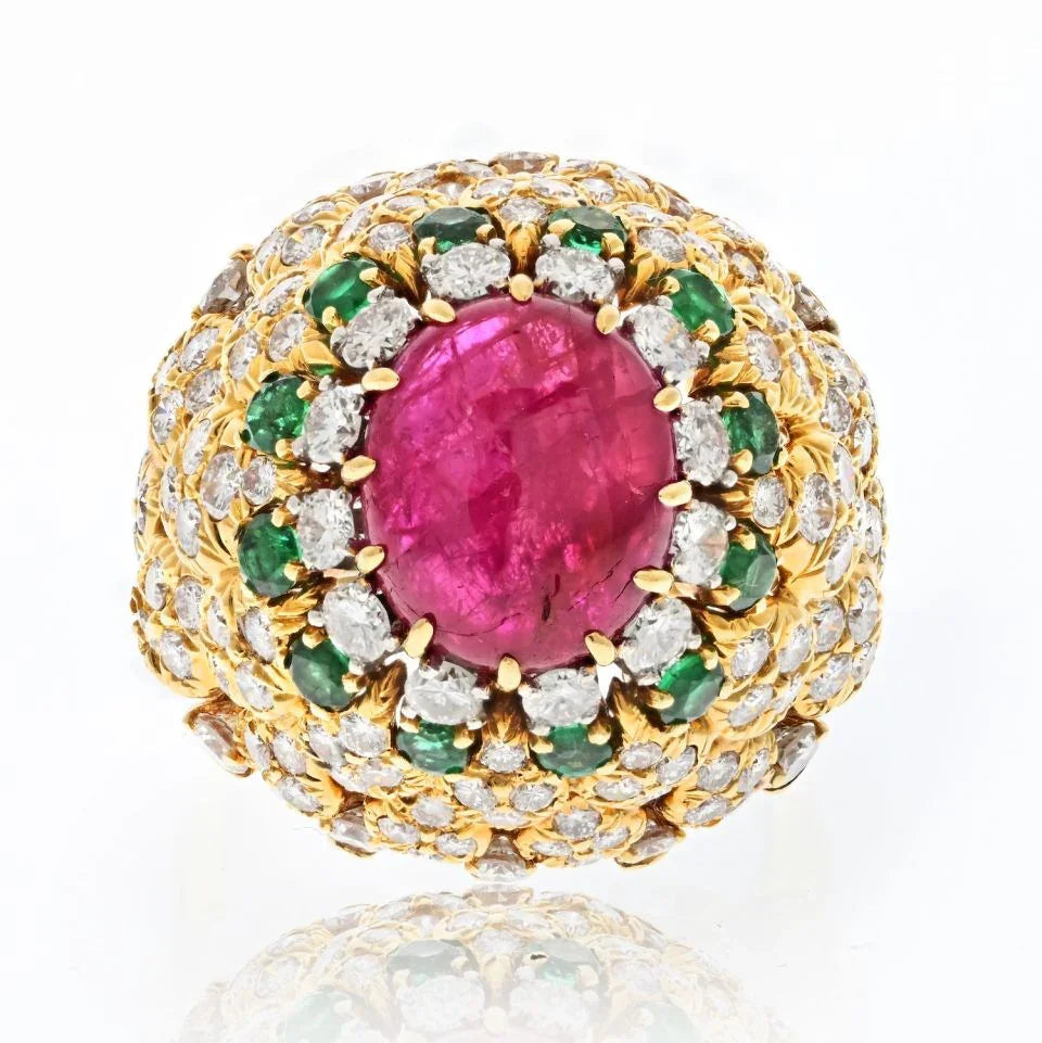 David Webb 18K Yellow Gold 1970's Ruby, Diamond And Emerald Cocktail Ring — Laura Milman New York