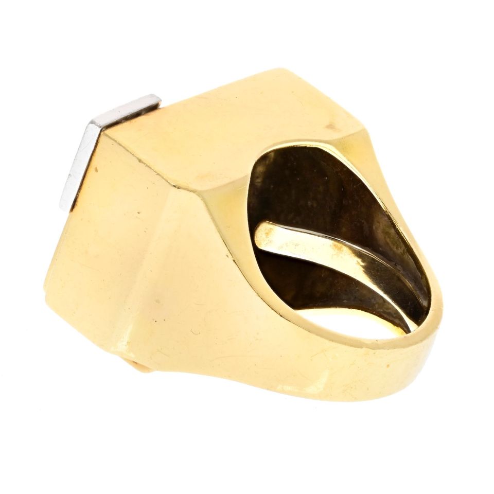 David Webb Platinum & 18K Yellow Gold Geometric White Enamel Diamond Ring — view 3 — Laura Milman New York