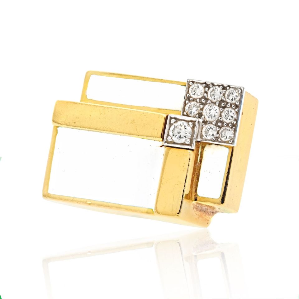 David Webb Platinum & 18K Yellow Gold Geometric White Enamel Diamond Ring — Laura Milman New York