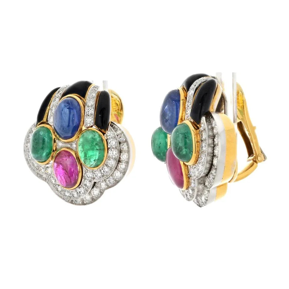 David Webb 18K Yellow Gold Black Enamel Diamond Sapphire Emerald Ruby Earrings — view 2 — Laura Milman New York