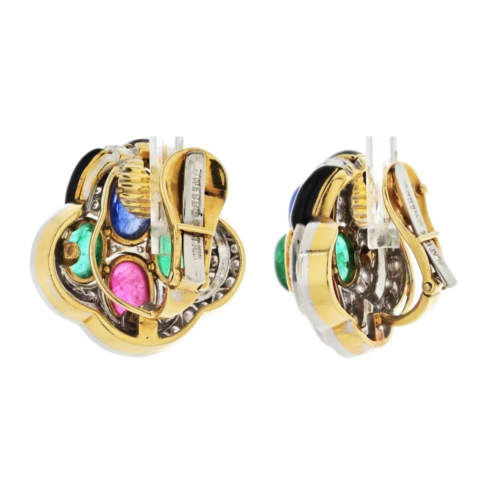 David Webb 18K Yellow Gold Black Enamel Diamond Sapphire Emerald Ruby Earrings — view 3 — Laura Milman New York