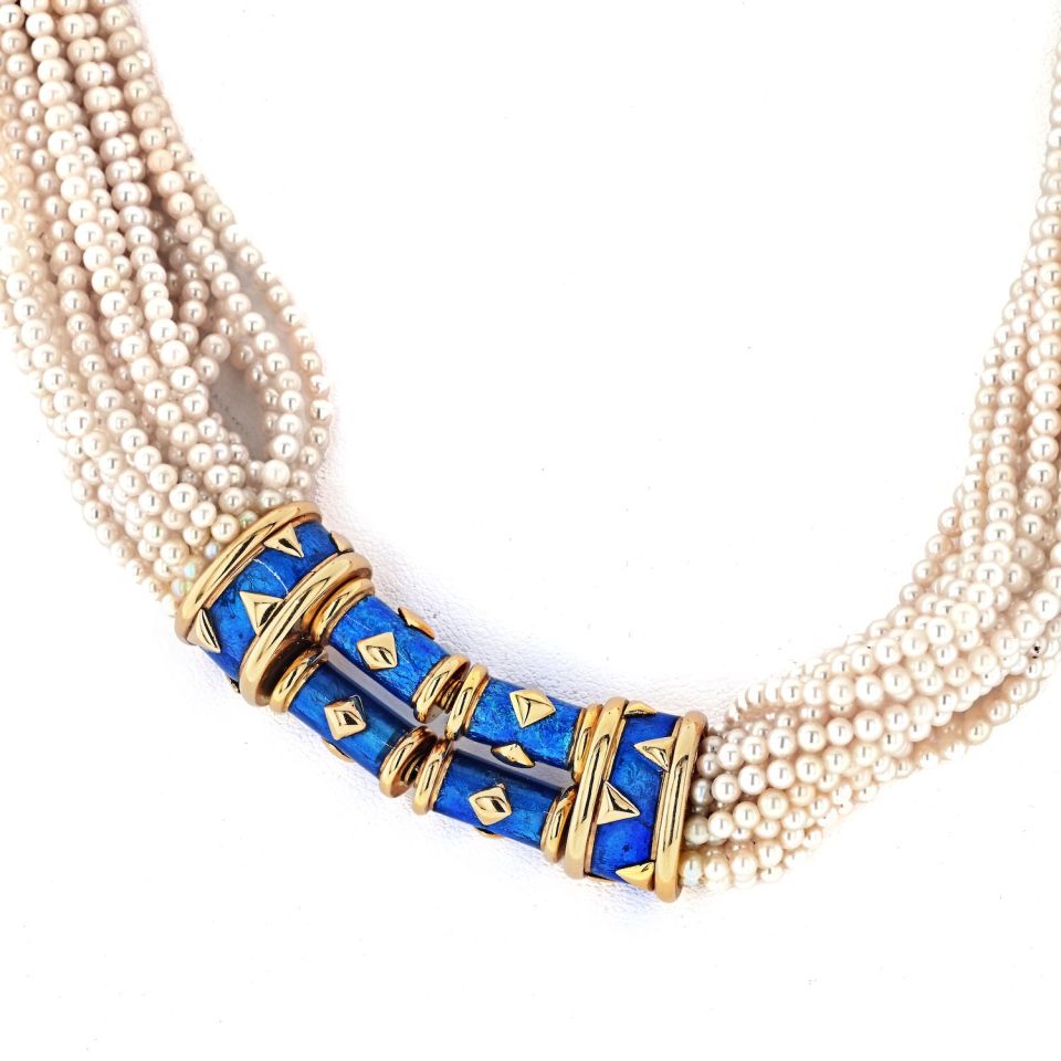 Tiffany Schlumberger 18K Gold Pearl Enamel Torsade Necklace 20"