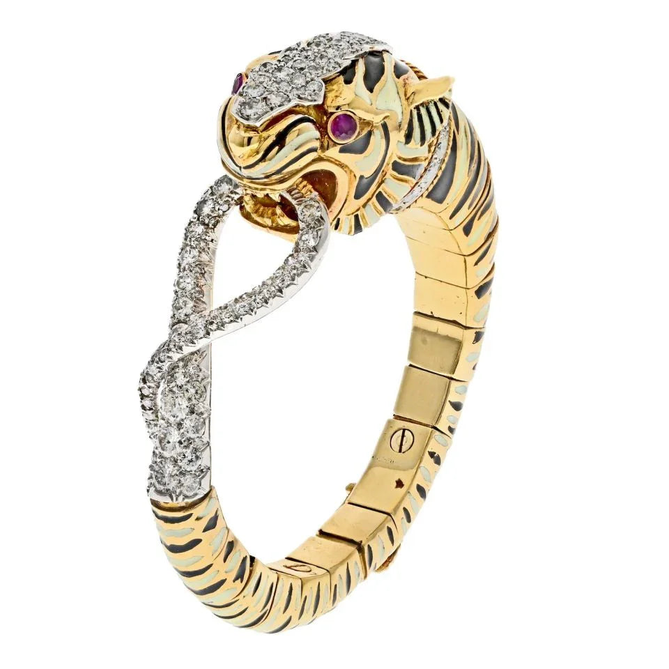 David Webb Platinum & 18K Yellow Gold White And Balck Enamel Tiger Diamond Bracelet — view 2 — Laura Milman New York