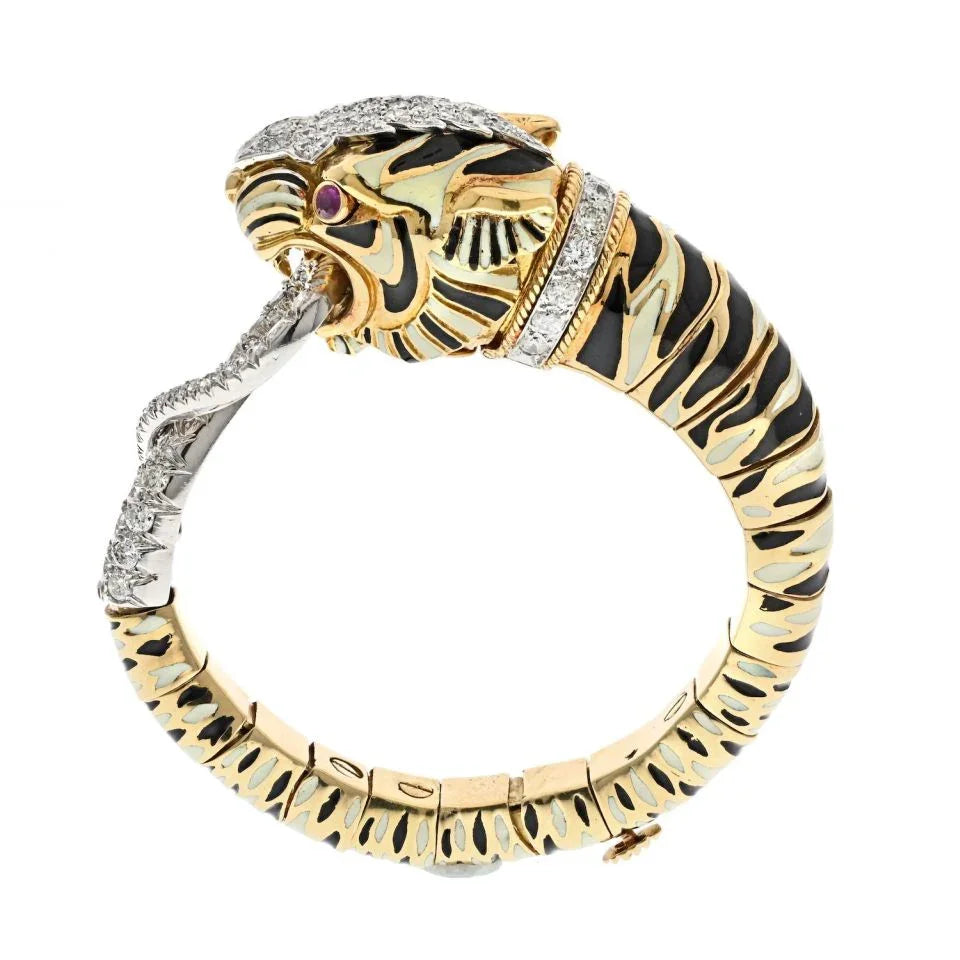 David Webb Platinum & 18K Yellow Gold White And Balck Enamel Tiger Diamond Bracelet — view 4 — Laura Milman New York