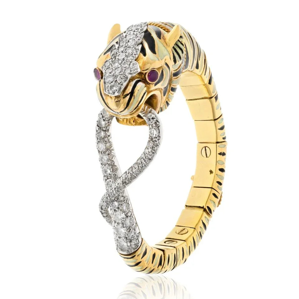 David Webb Platinum & 18K Yellow Gold White And Balck Enamel Tiger Diamond Bracelet — Laura Milman New York