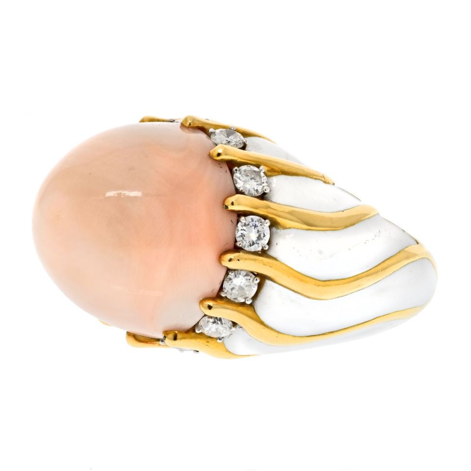 David Webb 18K Yellow Gold 1970's Coral Dome, White Enamel Diamond Ring — view 2 — Laura Milman New York