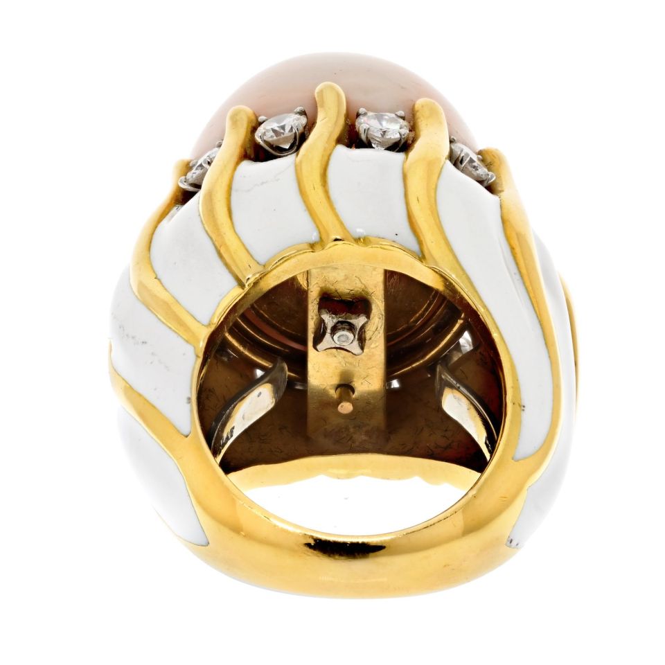 David Webb 18K Yellow Gold 1970's Coral Dome, White Enamel Diamond Ring — view 4 — Laura Milman New York