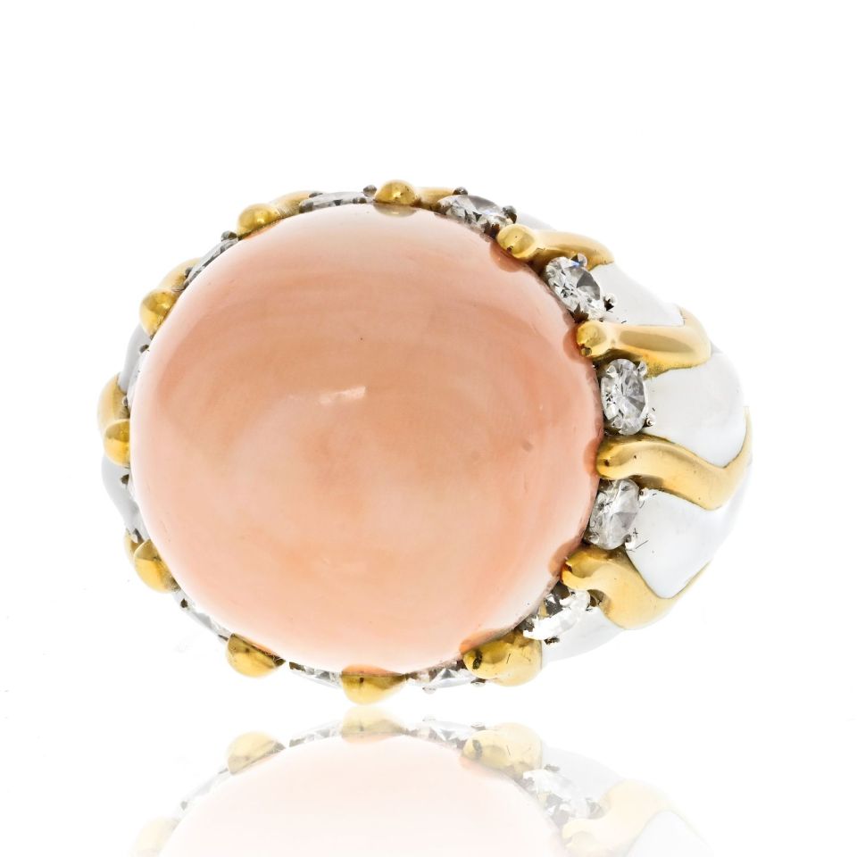 David Webb 18K Yellow Gold 1970's Coral Dome, White Enamel Diamond Ring — Laura Milman New York