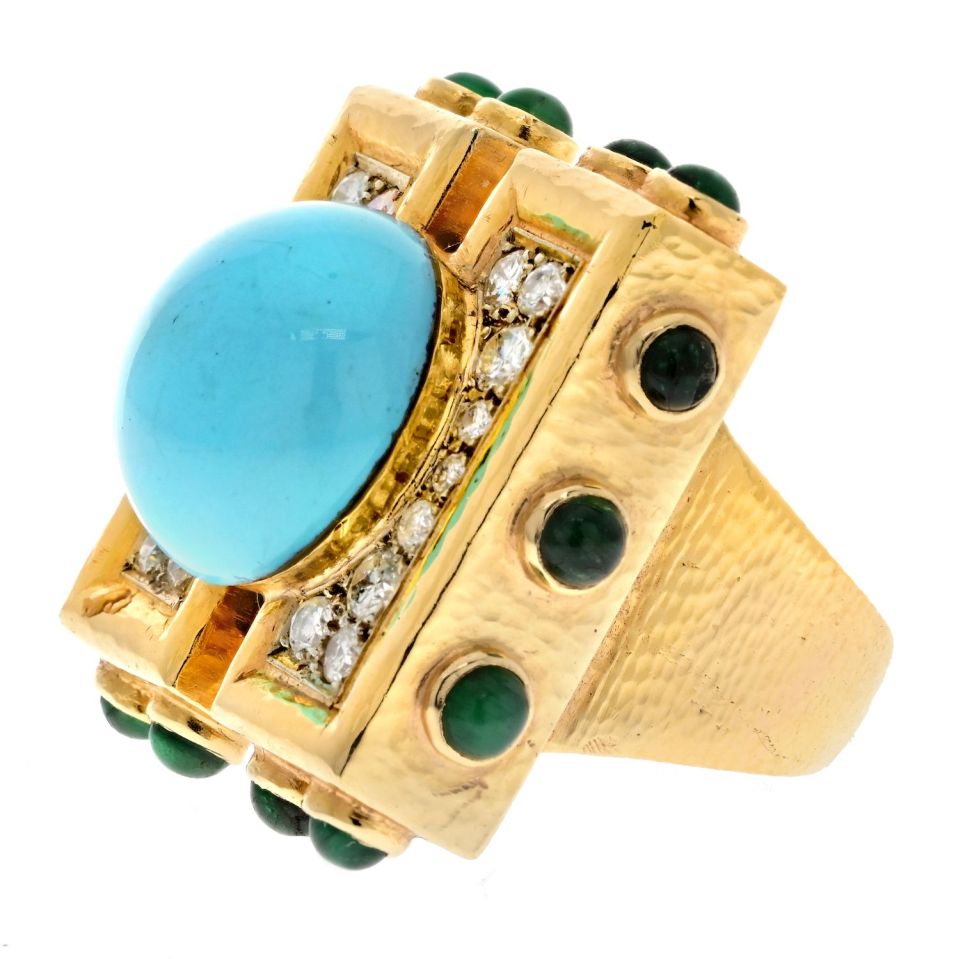 David Webb Platinum & 18K Yellow Gold Turquoise Diamond Emerald Oversized Ring — view 2 — Laura Milman New York