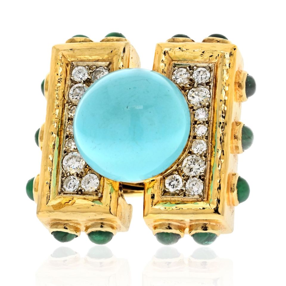 David Webb Platinum & 18K Yellow Gold Turquoise Diamond Emerald Oversized Ring — Laura Milman New York