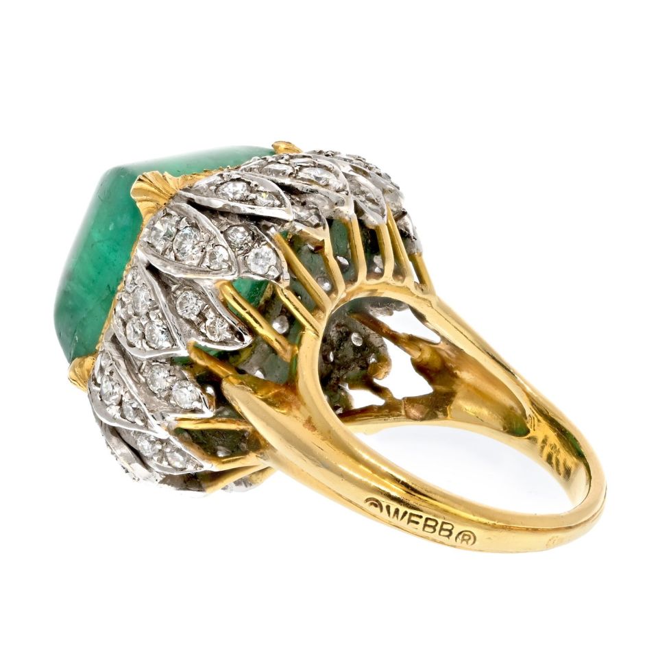 David Webb Platinum & 18K Yellow Gold 1960's Green Emerald Sugarloaf Ring — view 2 — Laura Milman New York