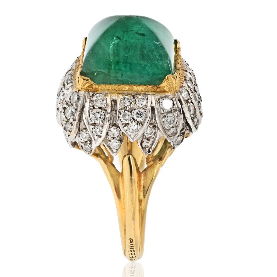 David Webb Platinum & 18K Yellow Gold 1960's Green Emerald Sugarloaf Ring — Laura Milman New York