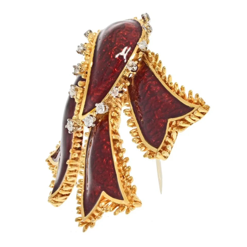 David Webb Platinum & 18K Yellow Gold Bow Ribbon Red Enamel Brooch — view 2 — Laura Milman New York