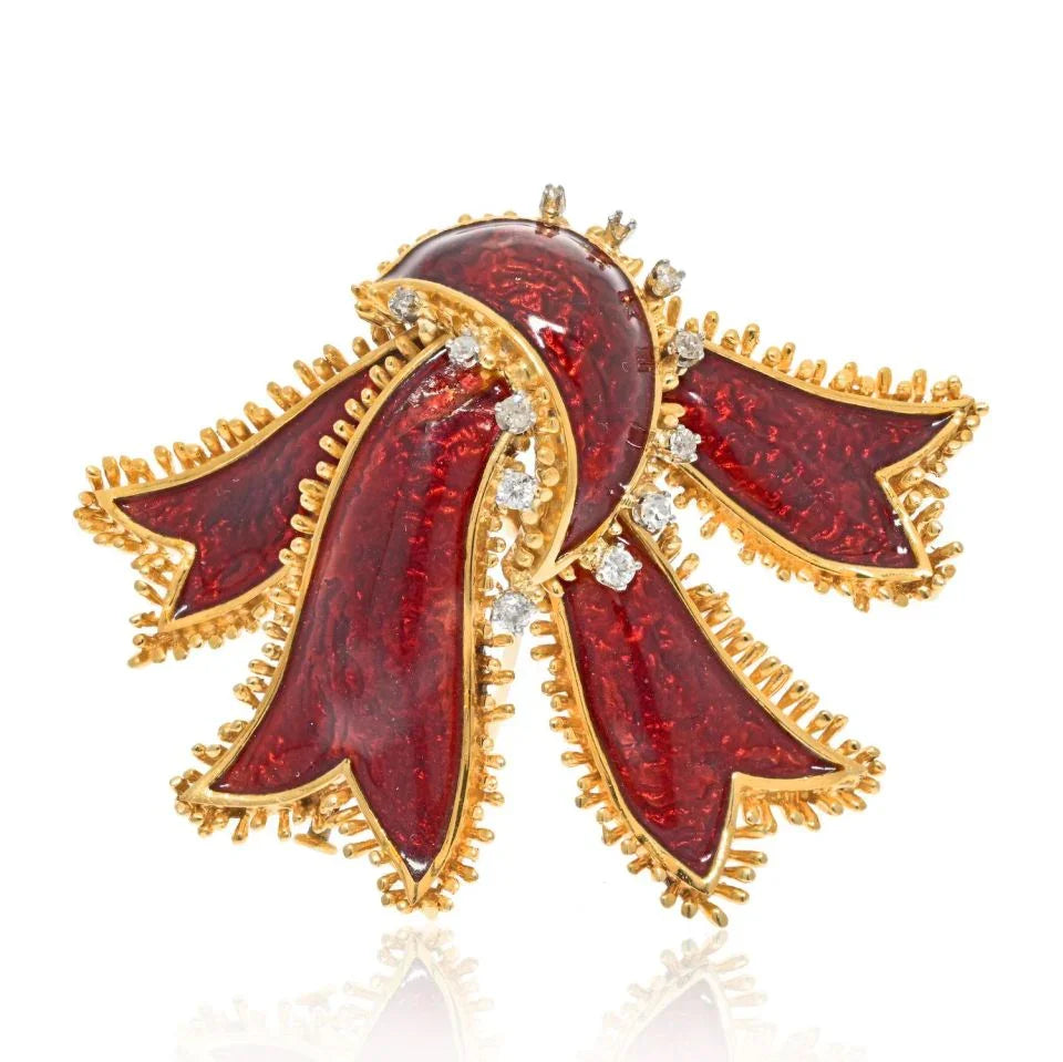 David Webb Platinum & 18K Yellow Gold Bow Ribbon Red Enamel Brooch — Laura Milman New York