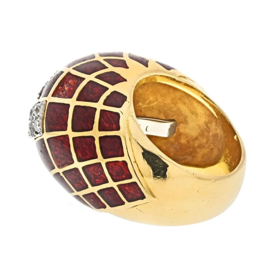 David Webb Platinum & 18K Yellow Gold Red Enamel Bombe Diamond Ring — view 3 — Laura Milman New York