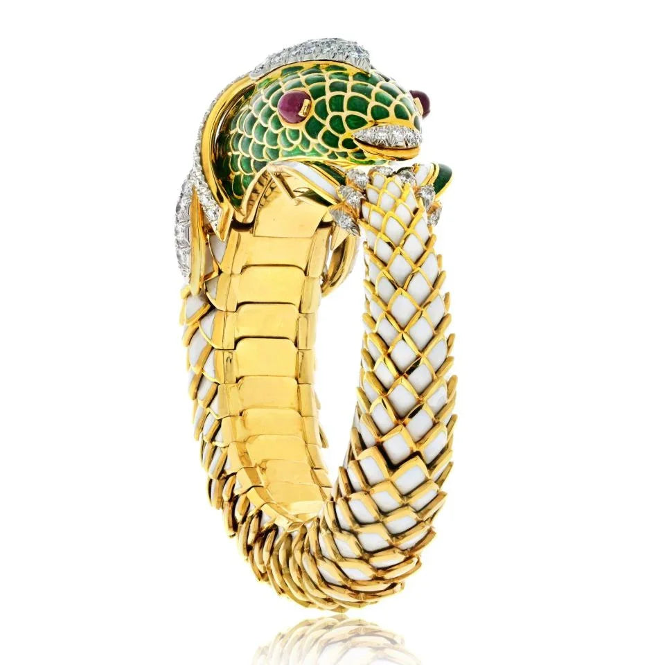 David Webb Platinum & 18K Yellow Gold Koi Fish White Enamel, Green Enamel And Diamond Bracelet — Laura Milman New York