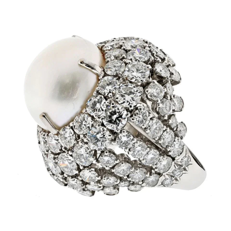 David Webb Platinum Diamond And South Sea Pearl Cocktail Ring — view 2 — Laura Milman New York