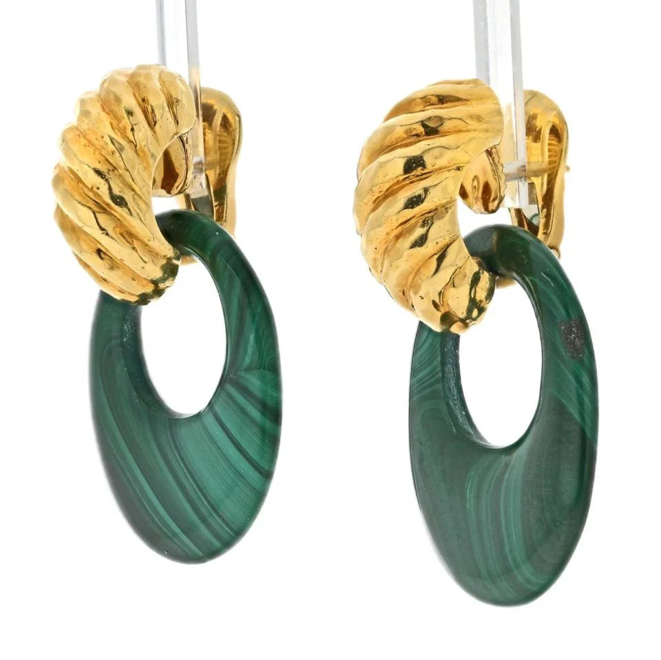 David Webb Platinum & 18K Yellow Gold Malachite Door Knockers Earrings — view 2 — Laura Milman New York