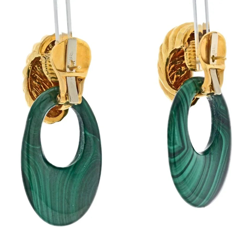 David Webb Platinum & 18K Yellow Gold Malachite Door Knockers Earrings — view 3 — Laura Milman New York