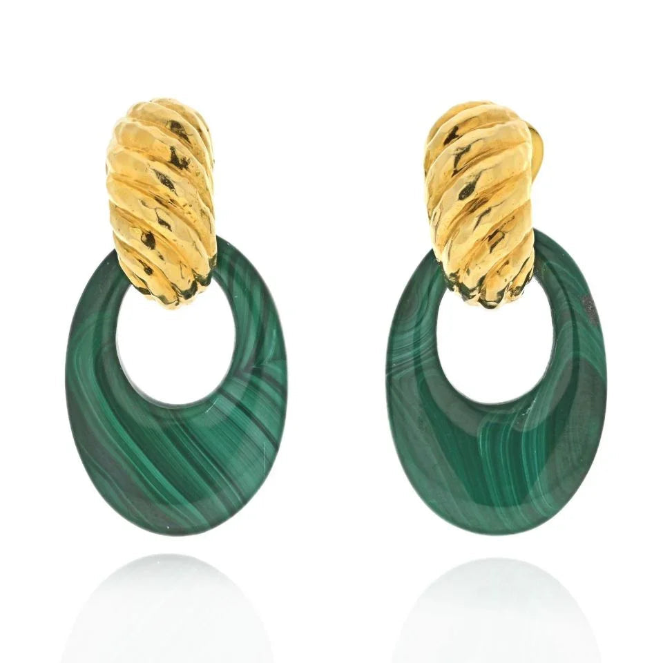 David Webb Platinum & 18K Yellow Gold Malachite Door Knockers Earrings — Laura Milman New York
