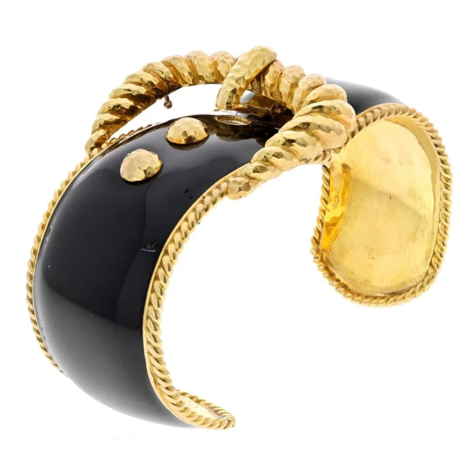 David Webb Platinum & 18K Yellow Gold Black Enamel Belt Motif Cuff Bracelet — view 2 — Laura Milman New York