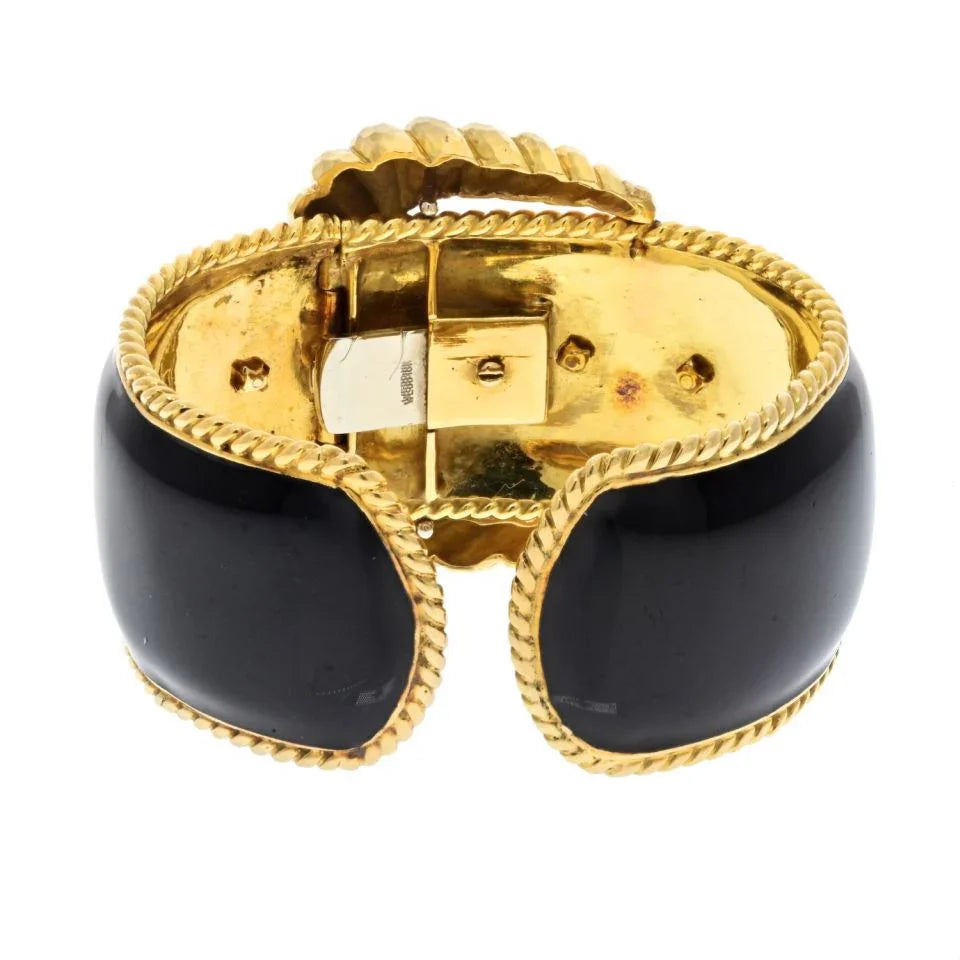 David Webb Platinum & 18K Yellow Gold Black Enamel Belt Motif Cuff Bracelet — view 4 — Laura Milman New York