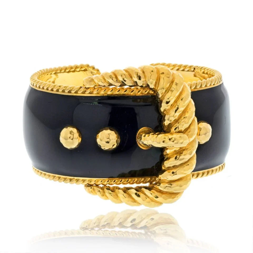 David Webb Platinum & 18K Yellow Gold Black Enamel Belt Motif Cuff Bracelet — Laura Milman New York