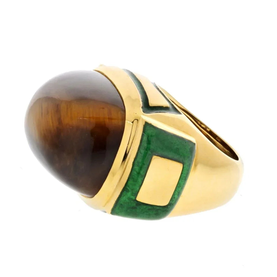 David Webb Platinum & 18K Yellow Gold Tiger Eye High Polished Green Enamel Cocktail Ring — view 2 — Laura Milman New York
