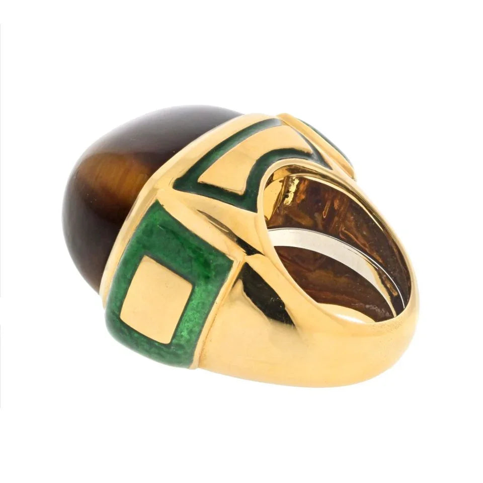 David Webb Platinum & 18K Yellow Gold Tiger Eye High Polished Green Enamel Cocktail Ring — view 3 — Laura Milman New York