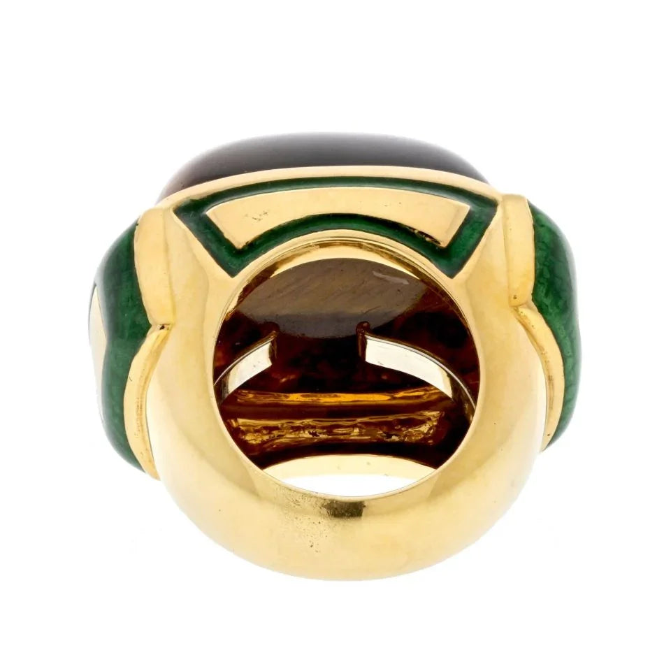 David Webb Platinum & 18K Yellow Gold Tiger Eye High Polished Green Enamel Cocktail Ring — view 4 — Laura Milman New York