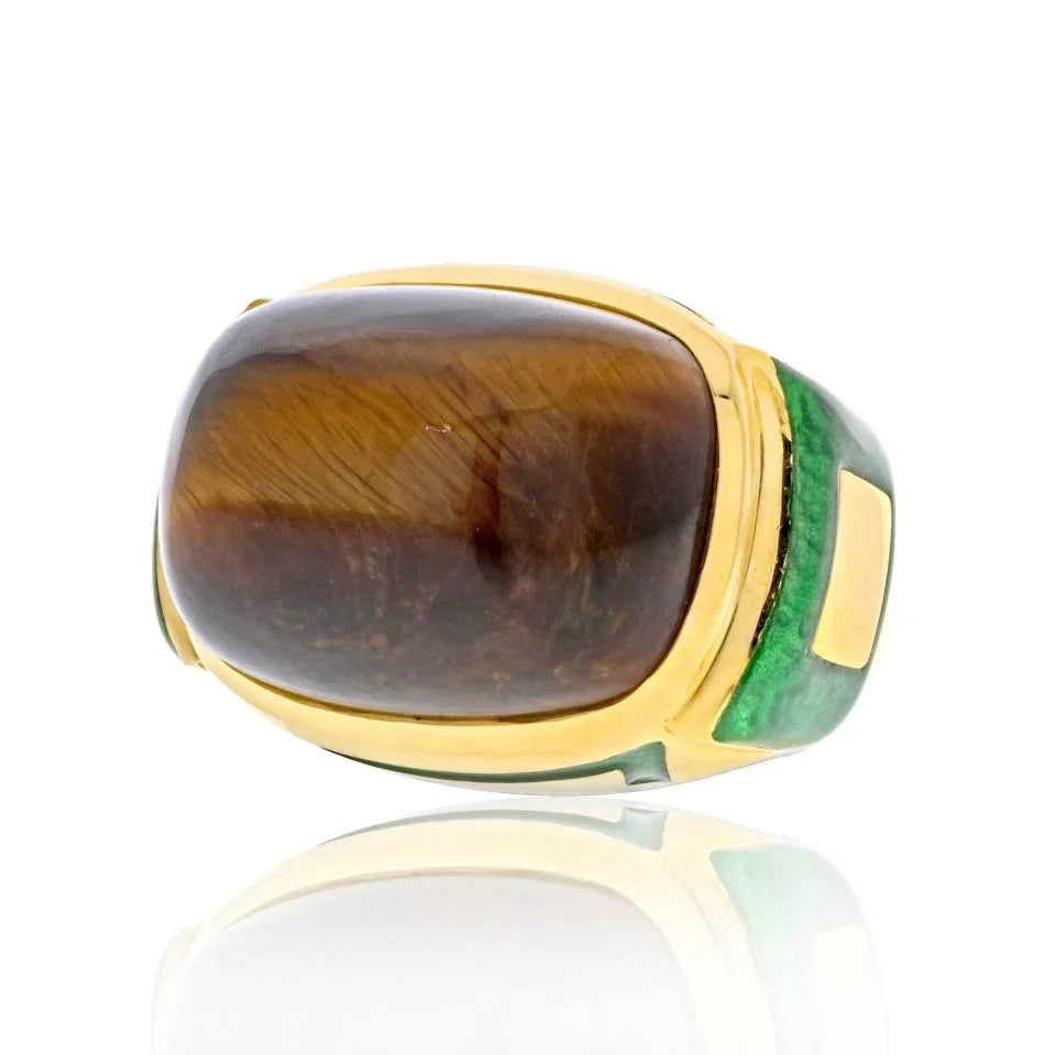 David Webb Platinum & 18K Yellow Gold Tiger Eye High Polished Green Enamel Cocktail Ring — Laura Milman New York
