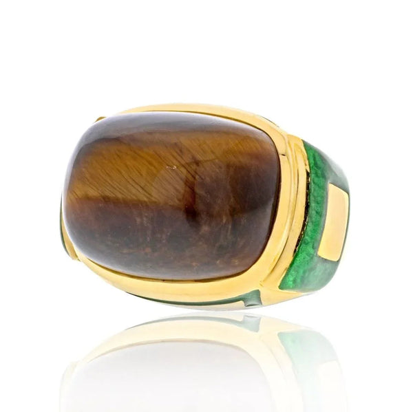 David Webb Platinum & 18K Yellow Gold Tiger Eye High Polished Green Enamel Cocktail Ring