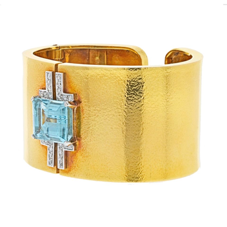 David Webb Platinum & 18K Yellow Gold Aquamarine And Diamond Hinged Cuff Bracelet — view 2 — Laura Milman New York