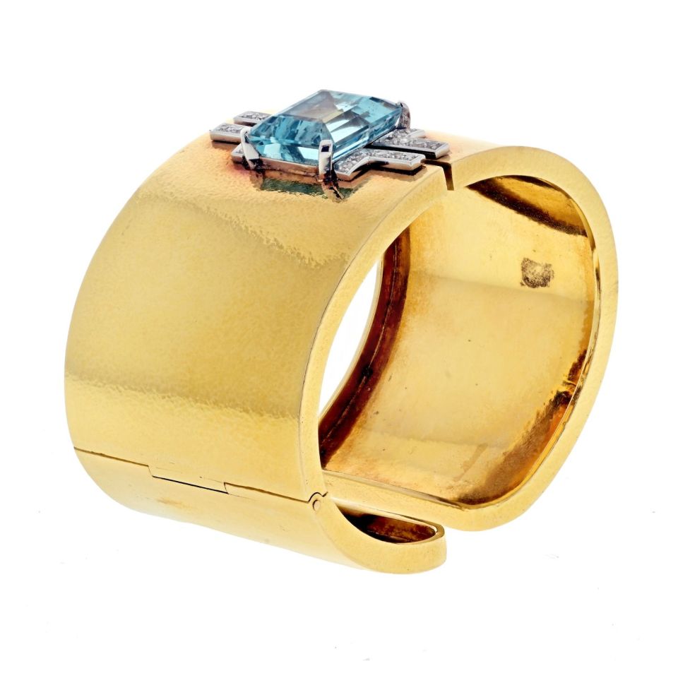 David Webb Platinum & 18K Yellow Gold Aquamarine And Diamond Hinged Cuff Bracelet — view 3 — Laura Milman New York