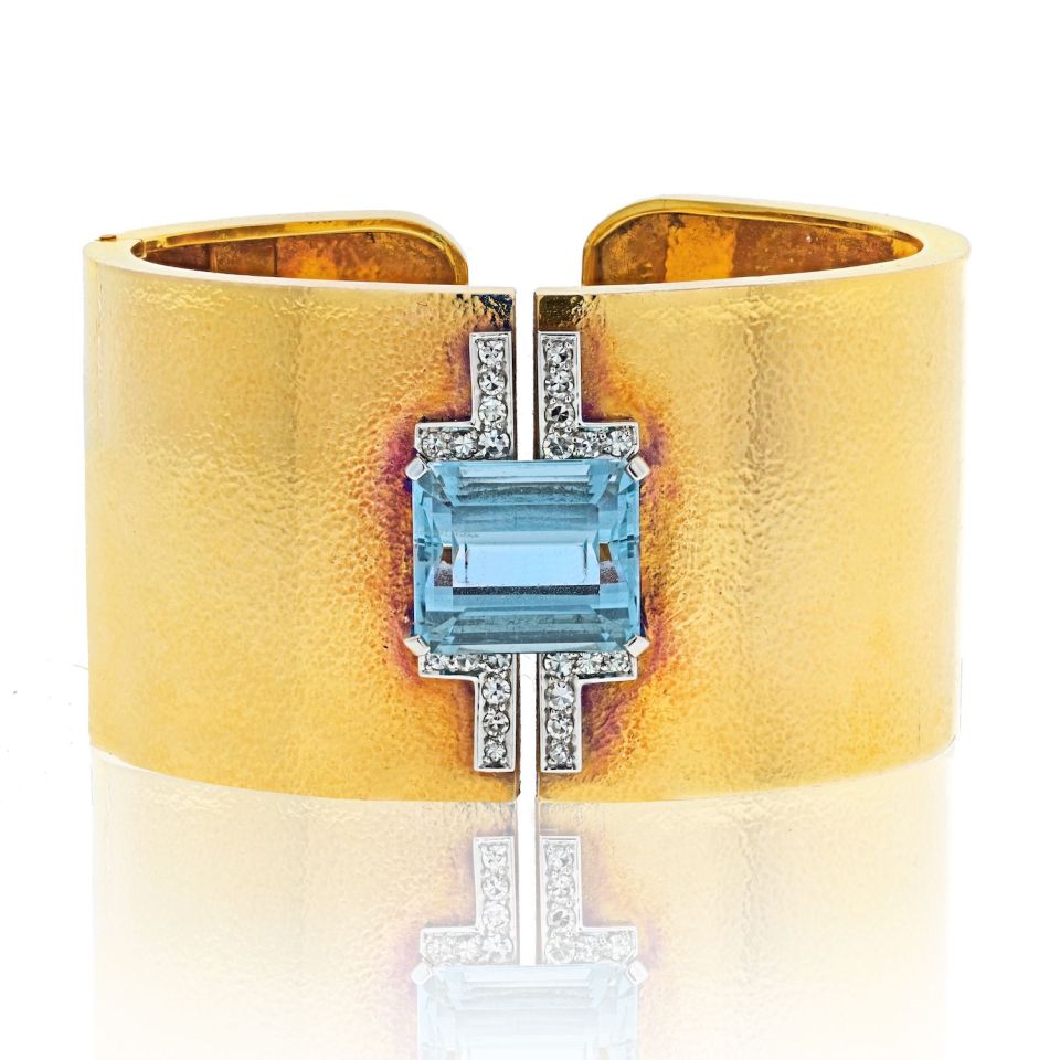 David Webb Platinum & 18K Yellow Gold Aquamarine And Diamond Hinged Cuff Bracelet — Laura Milman New York