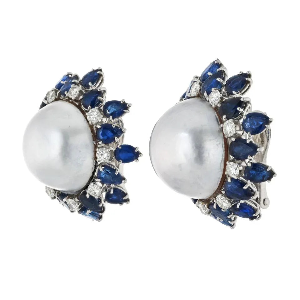 David Webb Platinum & 18K White Gold Sapphire, Diamond, Pearl Earrings — view 2 — Laura Milman New York