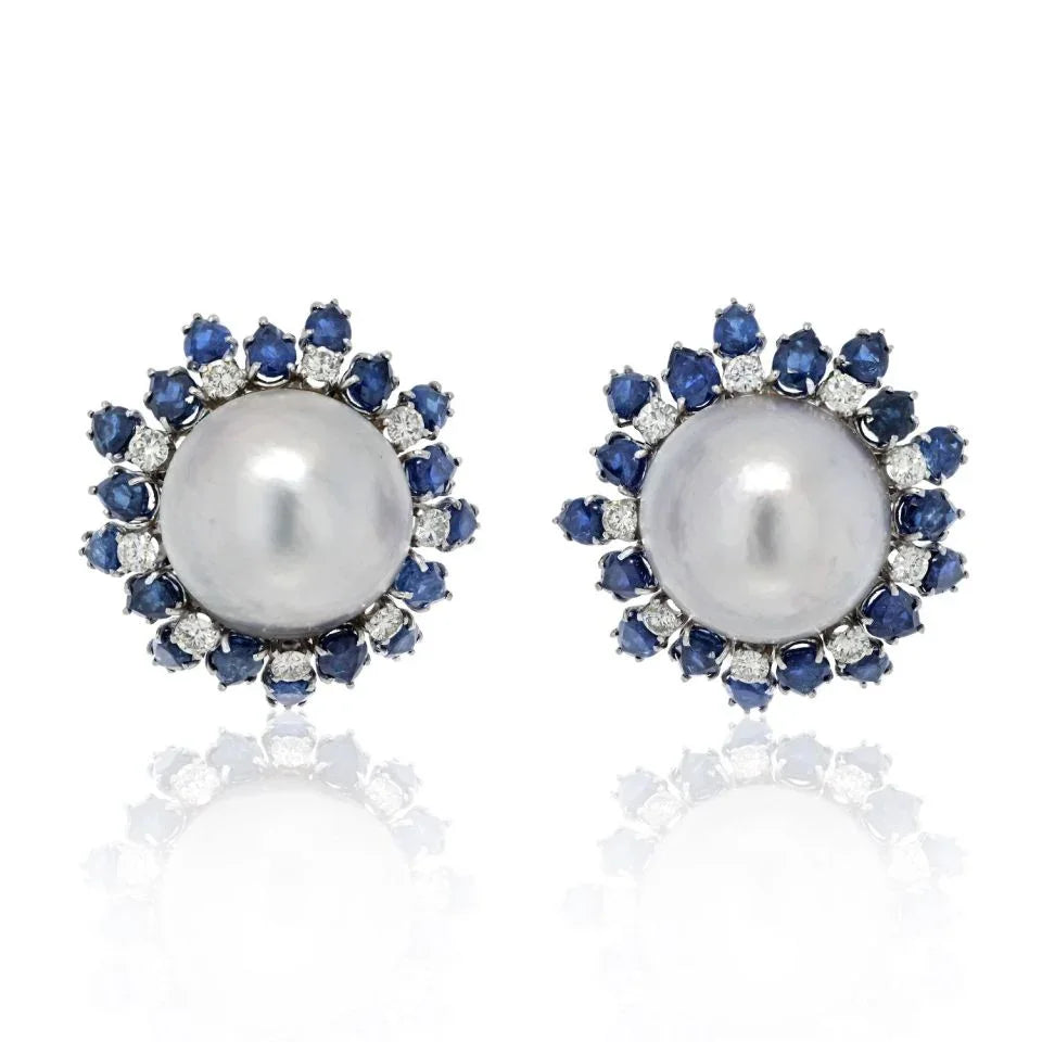 David Webb Platinum & 18K White Gold Sapphire, Diamond, Pearl Earrings — Laura Milman New York